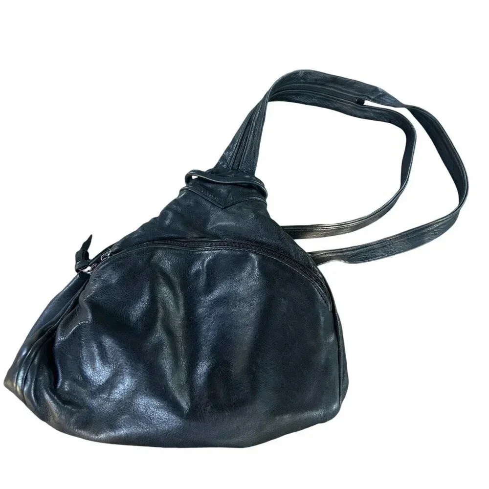 Black Leather Travel Backpack Shoulder Sling Bag Lots of Pockets